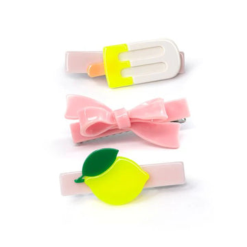 Lemon Pink Bow Popsicle Trio Hair Clip Set