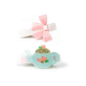 Tea Pot and Pink Bow Hair Clips