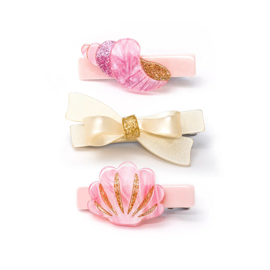 Seashell and Bow Pink Pearlized Hair Clips